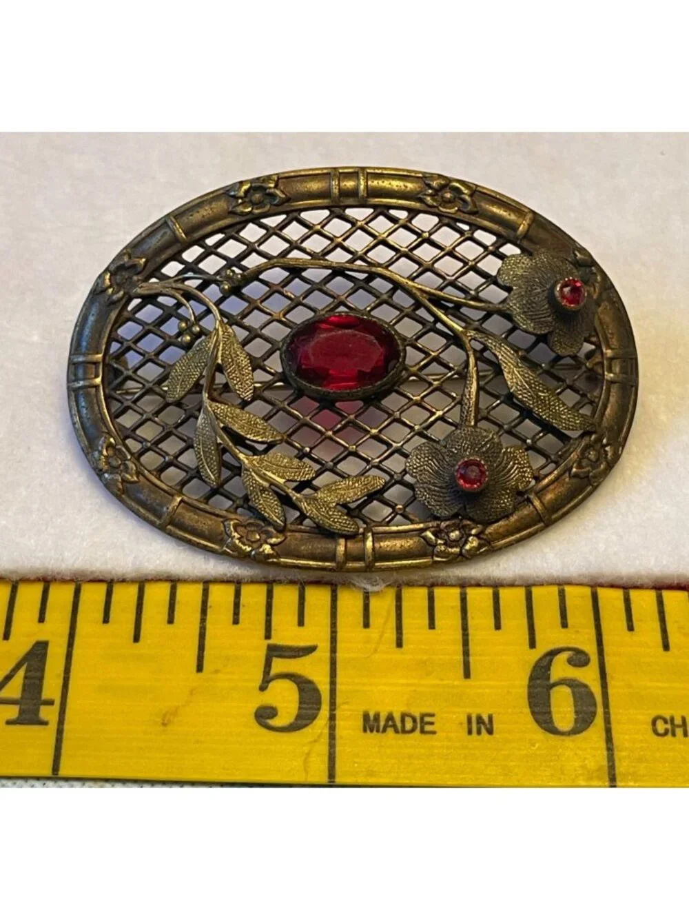 Antique Art Nouveau Brass Sash Brooch With Floral & Leaf Motif Ruby Red Glass St